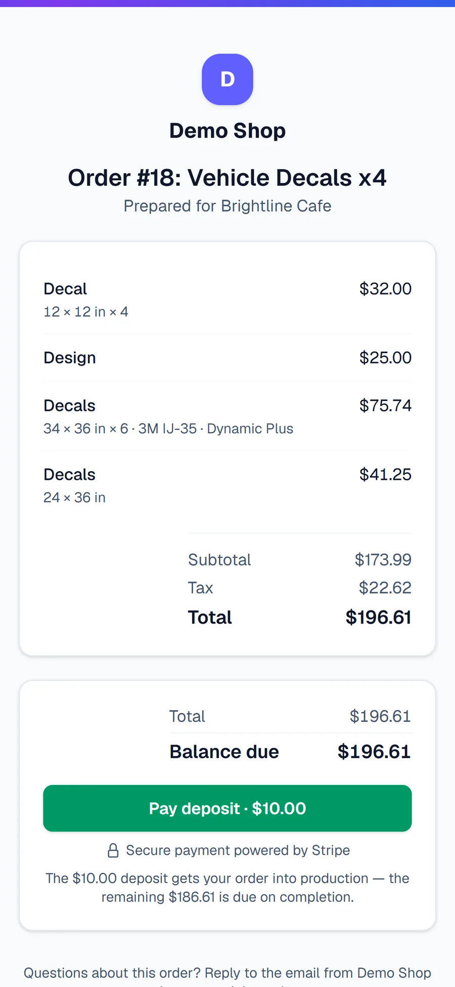 The customer's order page on a phone: Order #18, Vehicle Decals x4 for Brightline Cafe, four lines with sizes and 3M IJ-35 vinyl, total $196.61, and a green Pay deposit $10.00 button with Secure payment powered by Stripe