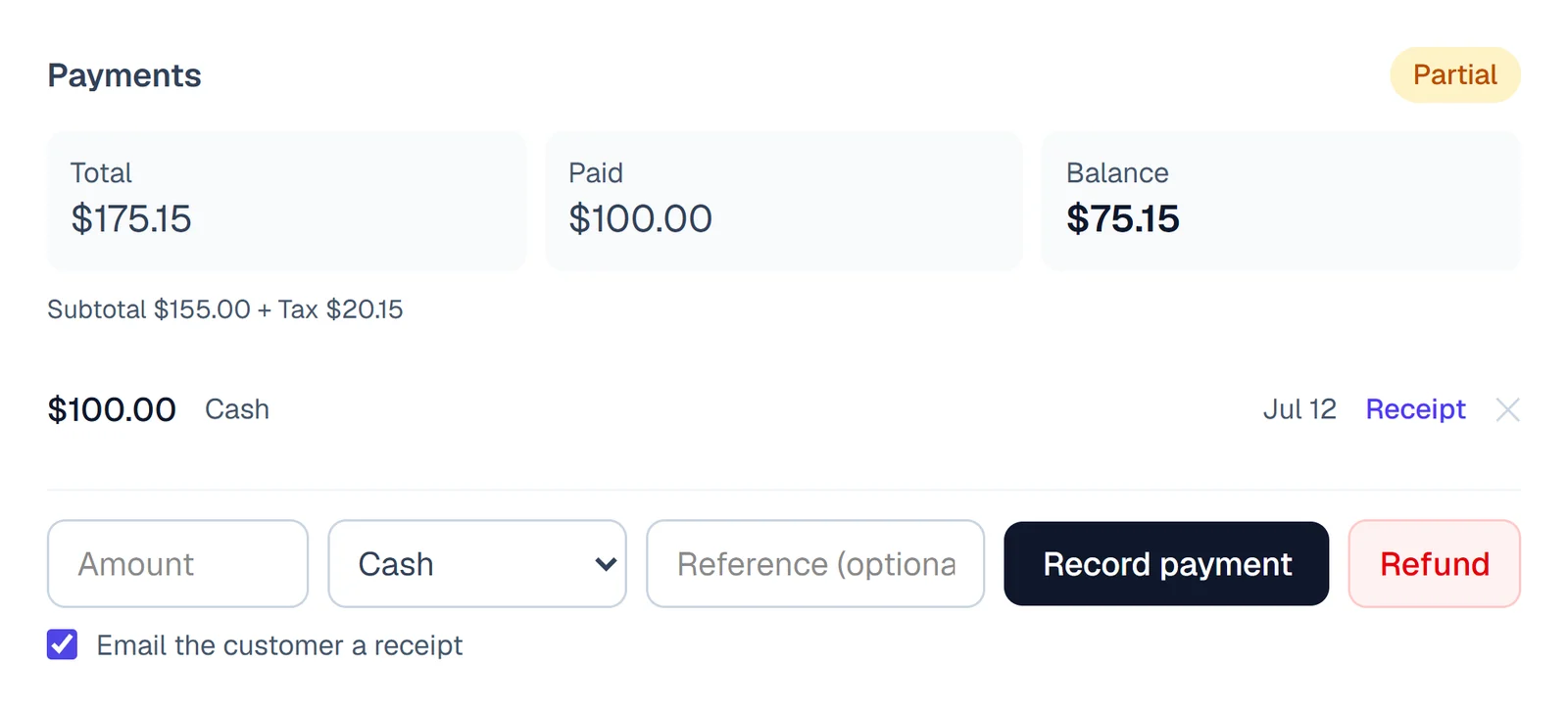 The order's Payments card: total $175.15, $100.00 paid, $75.15 balance, marked Partial