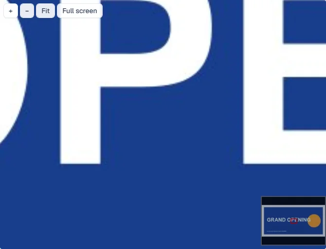 The same banner proof zoomed far into the lettering, the edges still crisp, with the navigator showing where on the banner the view is